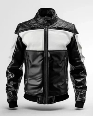 Men Black White Genuine Lambskin Leather Cafe Racer Motorcycle Biker Jacket