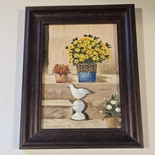 Framed Acrylic Painting With Flowers And Seagull Bird Porch Scene