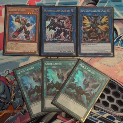 Rokket Coder, Borrelguard/Sword Dragon & 3 x Quick Launch BLMR/BLC1 YuGiOh Mint