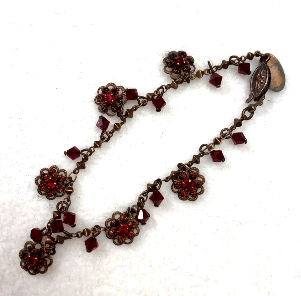 复古 LIZ PALACIOS 手镯红宝石红色水晶古董黄铜 7 英寸花朵 — 第 3/4 张图片