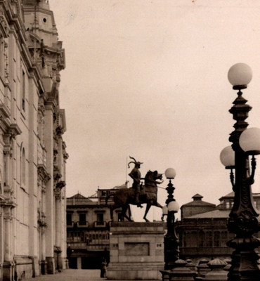Antique RPPC Metropolitan Cathedral Lima Peru Francisco Pizarro Statue c1939