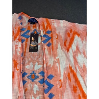 Rachel Roy Womens Kimono Cardigan Orange Blue Aztec Print Lightweight