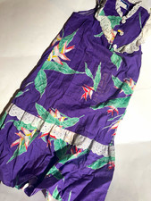KALA Hawaii Vintage Hawaiian Dress Purple Floral Print Lace Trim Green White