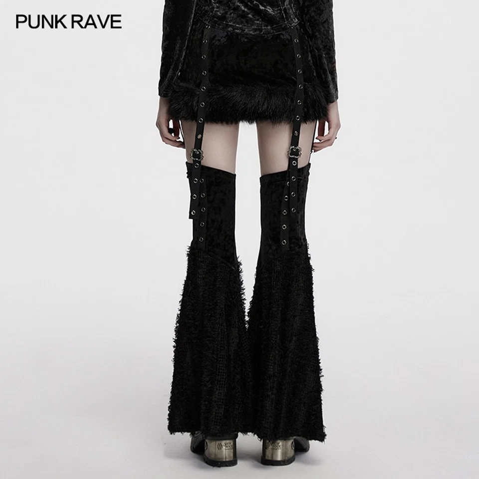 Punk Rave Mujeres Negro Gótico Conjunto de Dos Piezas Falda Empalmada de Piel con Calentadores de Piernas Foto 3 de 4