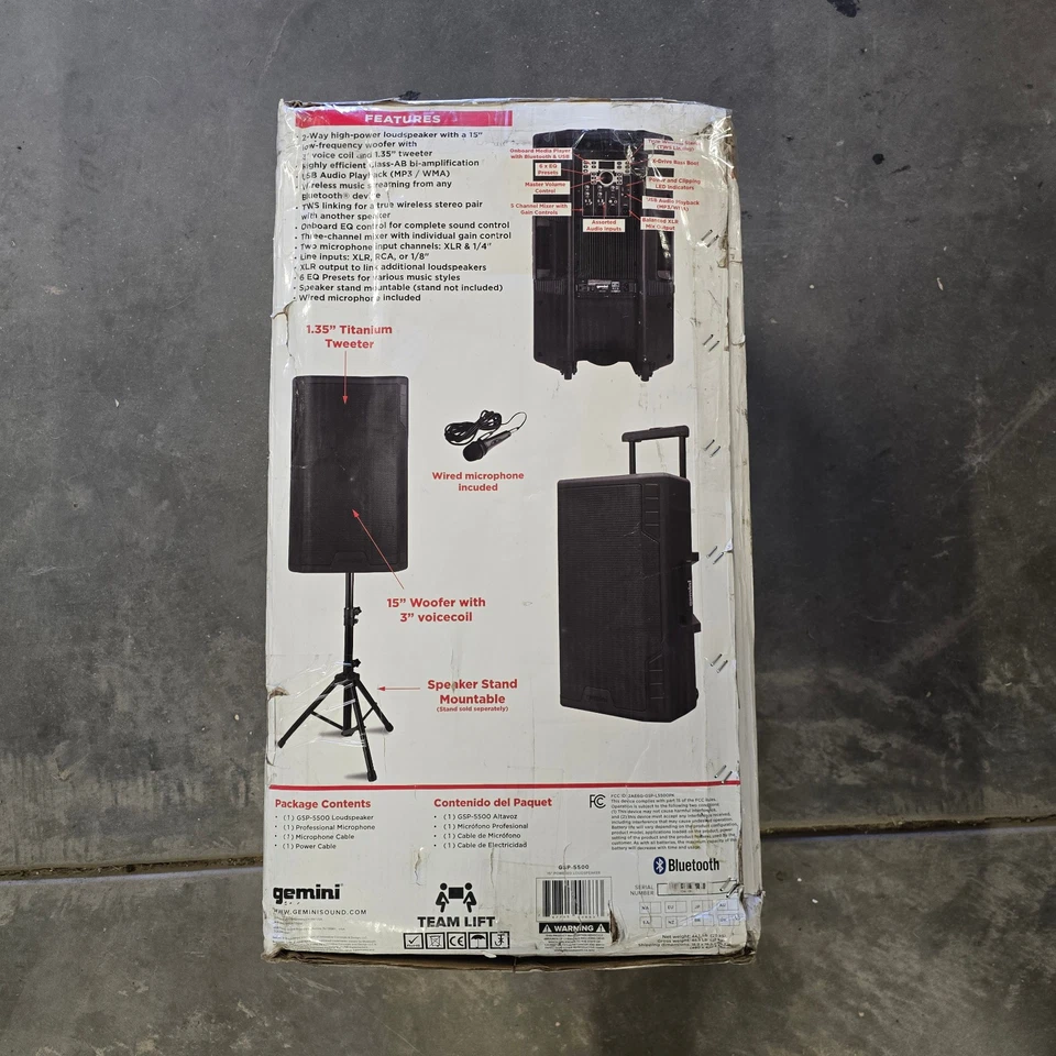 Gemini Sound GSP-5500 15" 2200W Bluetooth PA Speaker with TWS, 3-Channel Mixer - Image 3 of 4