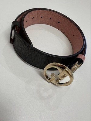 GUCCI Reversible Leather Belt Black Pink GG Logo Buckle Metal Luxury Japan Used