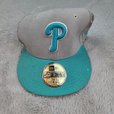 New Era Philadelphia Phillies 59FIFTY Fitted Hat Mens 7 3/8 Grey Teal Good MLB