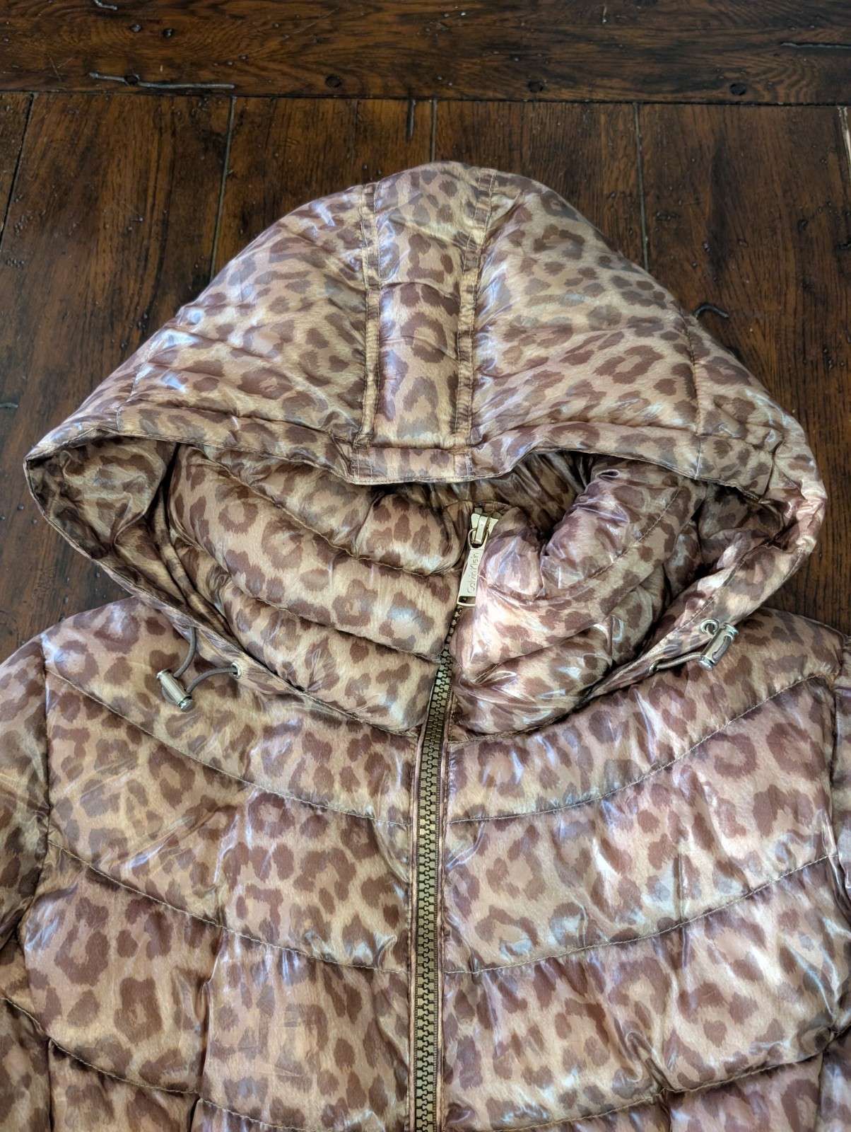 Calvin Klein Leopard Print Packable Down Puffer Jacket Women’s M Hooded Coat image 5