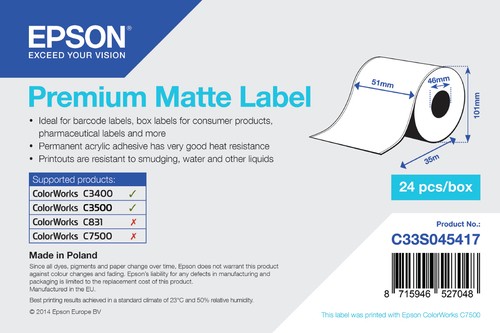 Epson White C33s045417 Continous Label Roll Matt Premium 51Mm X 35M Pack=1 F - Image 3