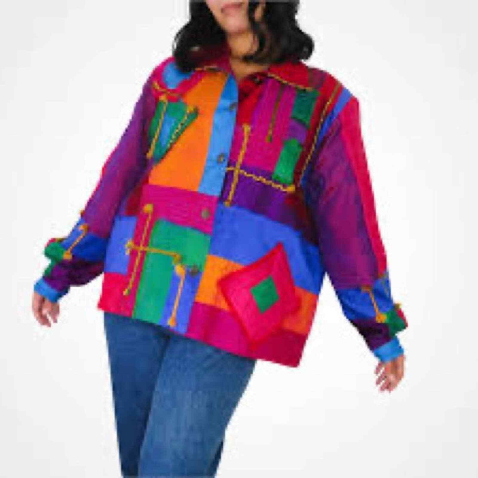 Vintage Boxy Silk Patchwork breaded button up lon… - image 7