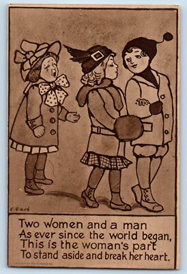 Valentine Postcard Two Women And Man As Ever Since The World Began c1910's