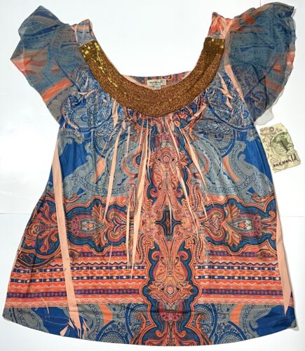 One World Live & Let Live Boho Beaded Paisley Artsy Flutter Sleeve Blouse Top L