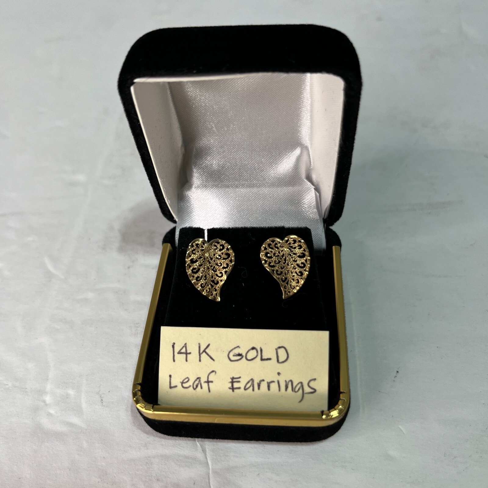 14K Gold Leaf Stud Push Back Earrings11mmX14mm w/… - image 1