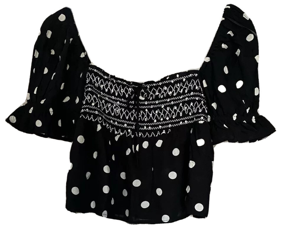 River Island Womens Puff Sleeve Cropped Top Black White Polka