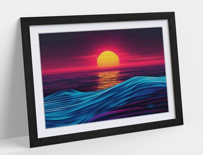 80er Jahre VAPORWAVE SONNENUNTERGANG AUF DEM OZEAN - GERAHMTES WANDBILD POSTER PAPIERDRUCK