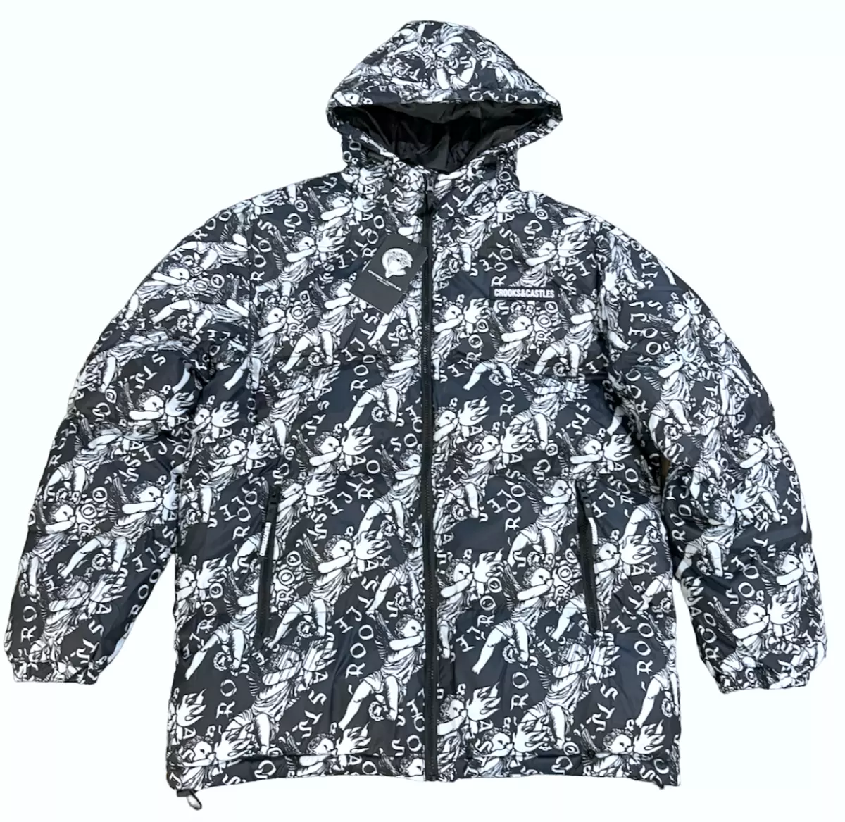 NEW CROOKS u0026 CASTLES MEN'S BLACK WHITE AOP CHERUB PRINT PUFFER JACKET COAT  SMALL | eBay