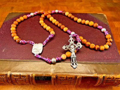 Handmade Pink Camo Paracord Rosary Beads, Wood, Holy Family, Crucifix, Catholic.