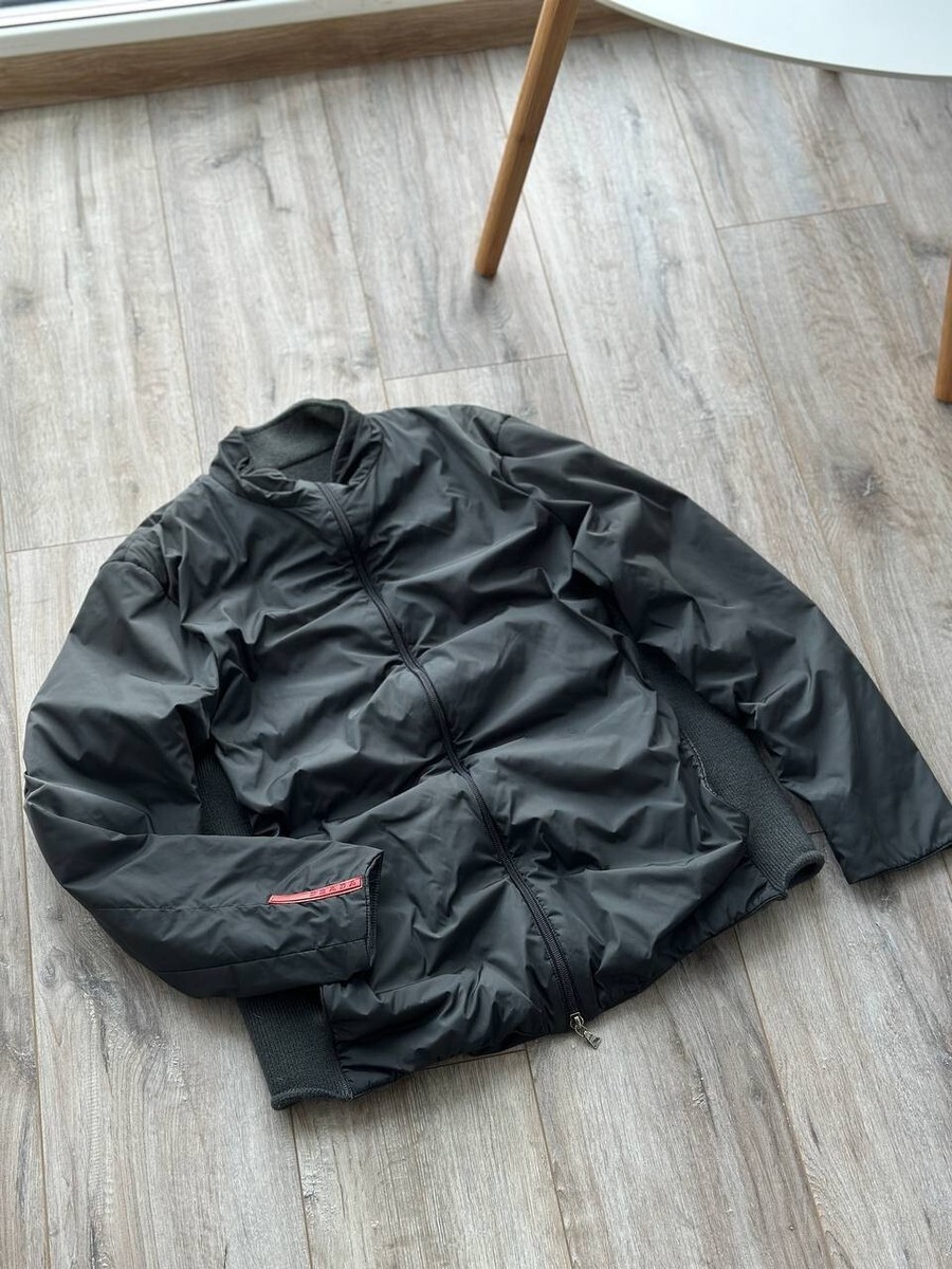 Prada Nylon Wool Hybrid Jacket Mens size Small Black Color Red Tab