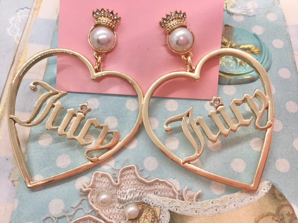 New Juicy Couture Gold tone Heart Crown Logo Dangle Statement Earrings - Image 3 of 4