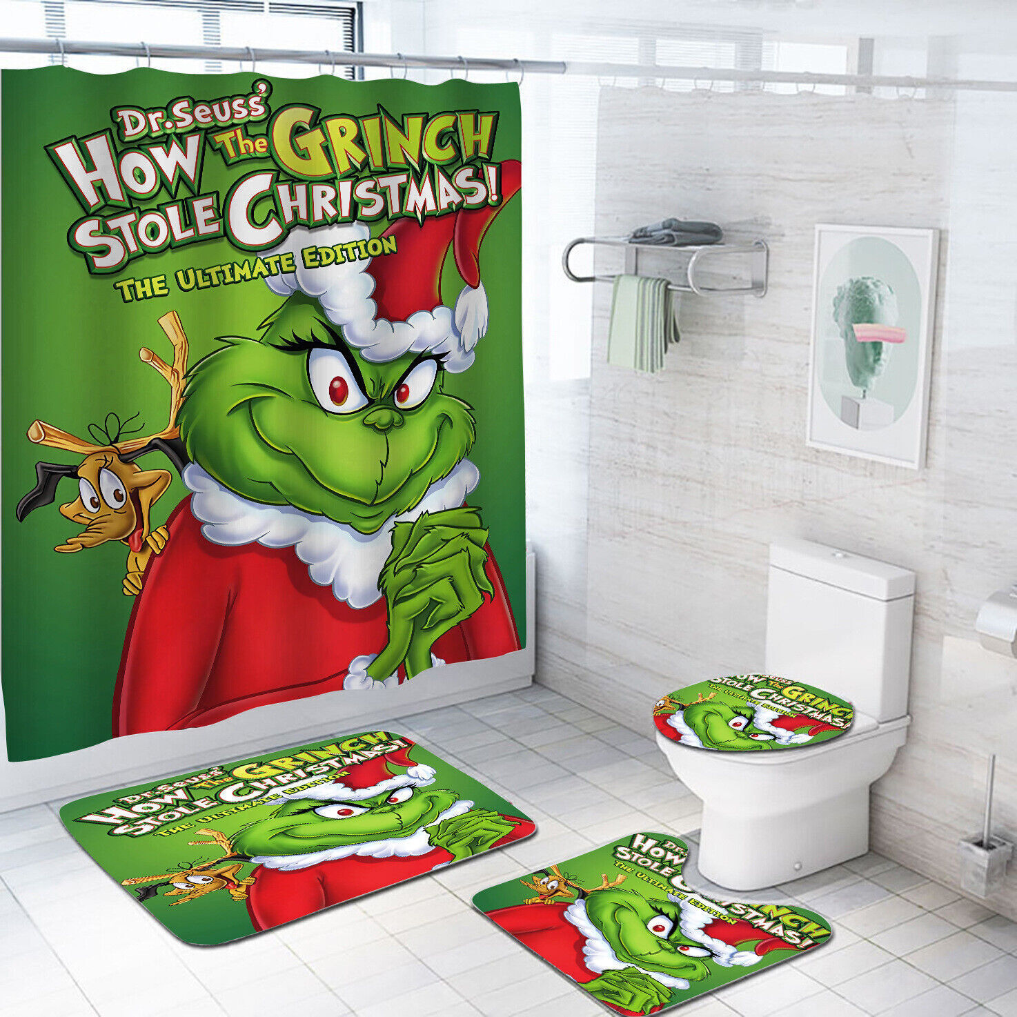 Christmas Shower Curtain Set How The Grinch Stole Christmas eBay