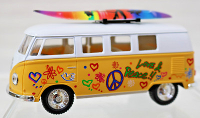 !962 VW Bus Classic Graffiti Yellow w/ Surf Board Pull Back Door & Window Open