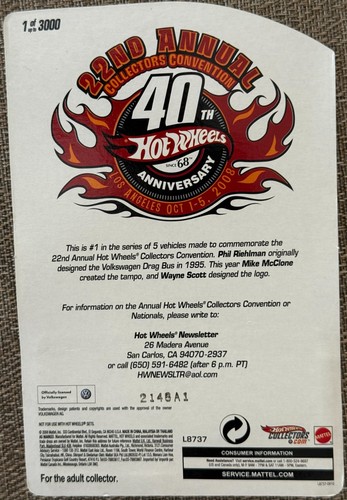 2008 Hot Wheels 22nd Annual Collectors Convention ,Volkswagen Drag Bus 1 of 3000 - Picture 6 of 6