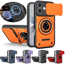 For iPhone 17 16 Pro Max Shockproof Ring Stand Magnetic Case w/ Slide Lens Cover