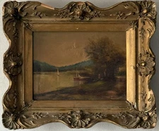 19TH CENTURY ANTIQUE LANDSCAPE IMPRESSIONIST OIL PAINTING OLD HUDSON RIVER LAKE
