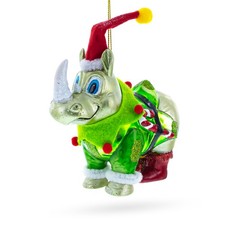 Festive Rhino in Santa Hat Blown Glass Ornament