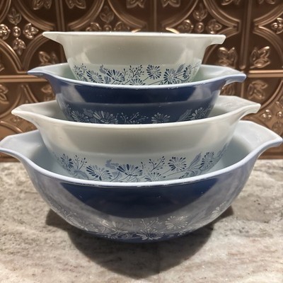 Vintage Pyrex Blue Colonial Mist Cinderella Mixing Bowl Set 4 Nesting Bowls USA