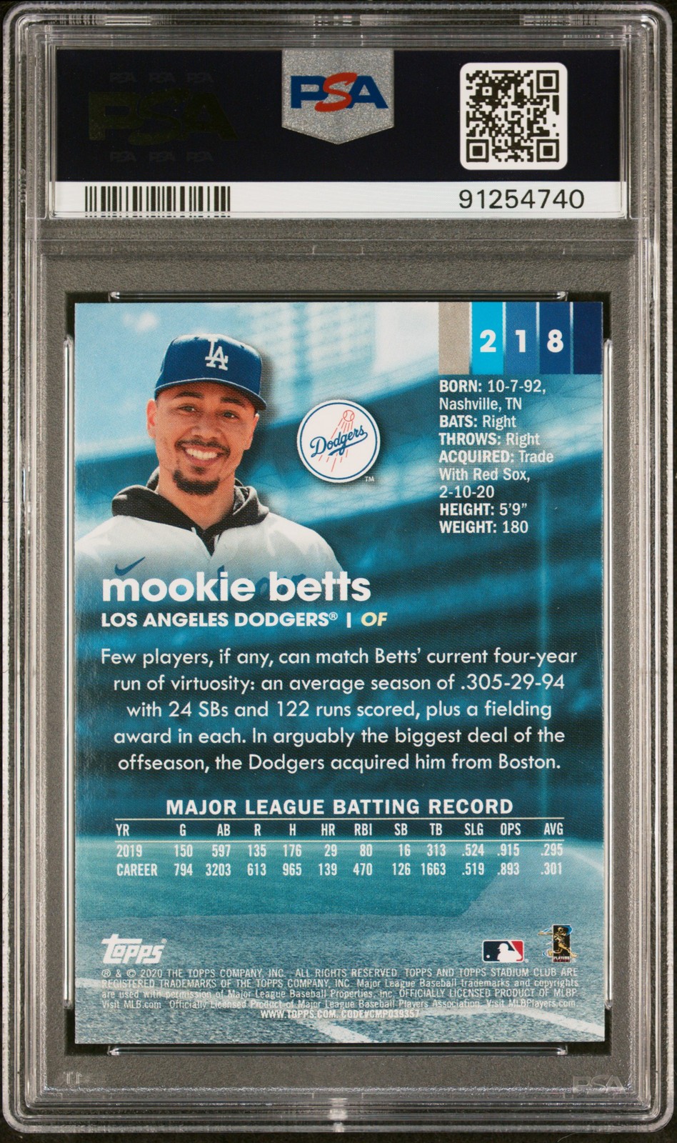 2020 TOPPS STADIUM CLUB BLACK FOIL #218 MOOKIE BETTS PSA 10 view 2