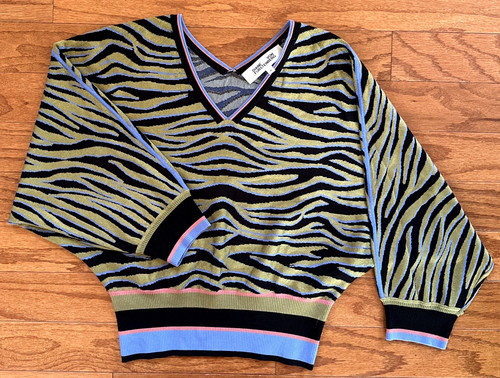 Diane von Furstenberg, Diane Von Furstenberg Zebra Top Retro 80s Vtg Green Blue Black Sweater Sz M
