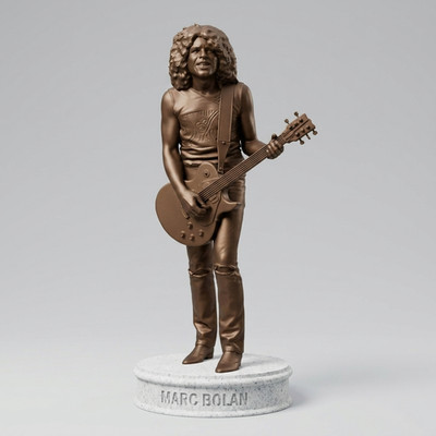 Marc Bolan statue   Bronze Effect Sculpture on Engraved White Stone Effect Base