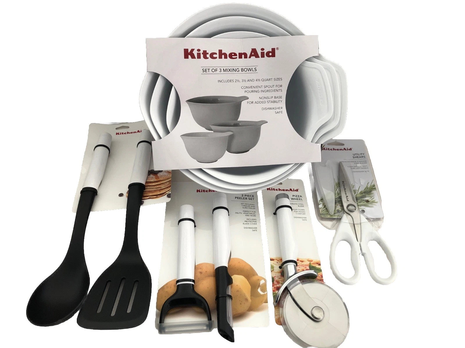 New KitchenAid White 8 Pc Bowls Peelers Pizza Shears Spoon Lifter