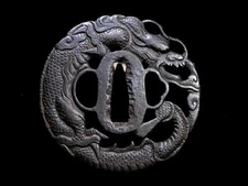 Edo period Japan antique iron Dragon Echizen Ju Kinai school big Tsuba Box 
