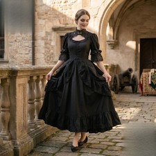 Black Victorian Lace Dress High Neck Puff Sleeve Vintage gown Medieval Costume