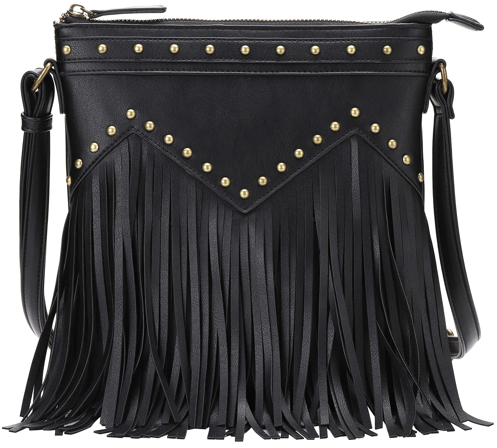 Vegan Black Studded Fringed Crossbody Bag