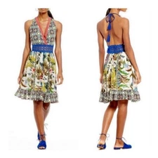 Chelsea & Violet Tropical Crochet Halter Dress NEW Boho Backless Deep V Ruffle