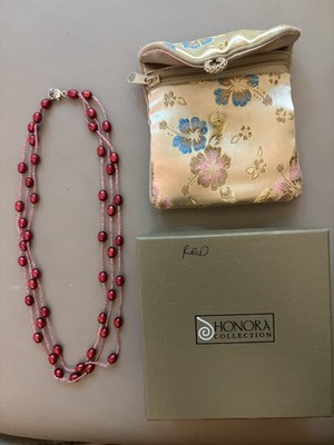 Red HONORA Cultured Freshwater Pearl station necklace three strand 