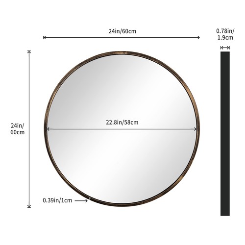 ROUND WALL MIRROR BRONZE 24 INCH CIRCULAR METAL FRAMED WALL MOUNTED MIRROR HANGI - Picture 2 of 8
