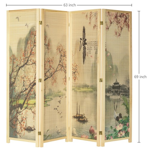Asian-Inspired Bamboo-Screen 4-Panel Room Divider with Cherry Blossom Scene - Picture 2 of 4