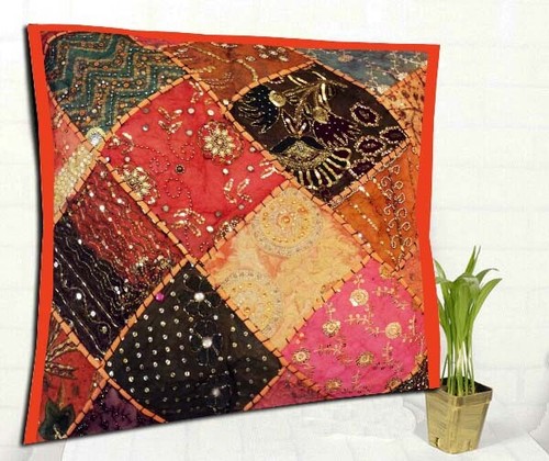 24" TRADITIONAL SARI BEADS SEQUIN HANDCRAFTED THROW TOSS CUSHION PILLOW COVER - Picture 2 of 8