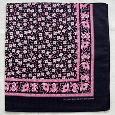 Vintage Bandana Black Cotton Tiny Floral Pink Oriental Pattern Handkerchief 19"