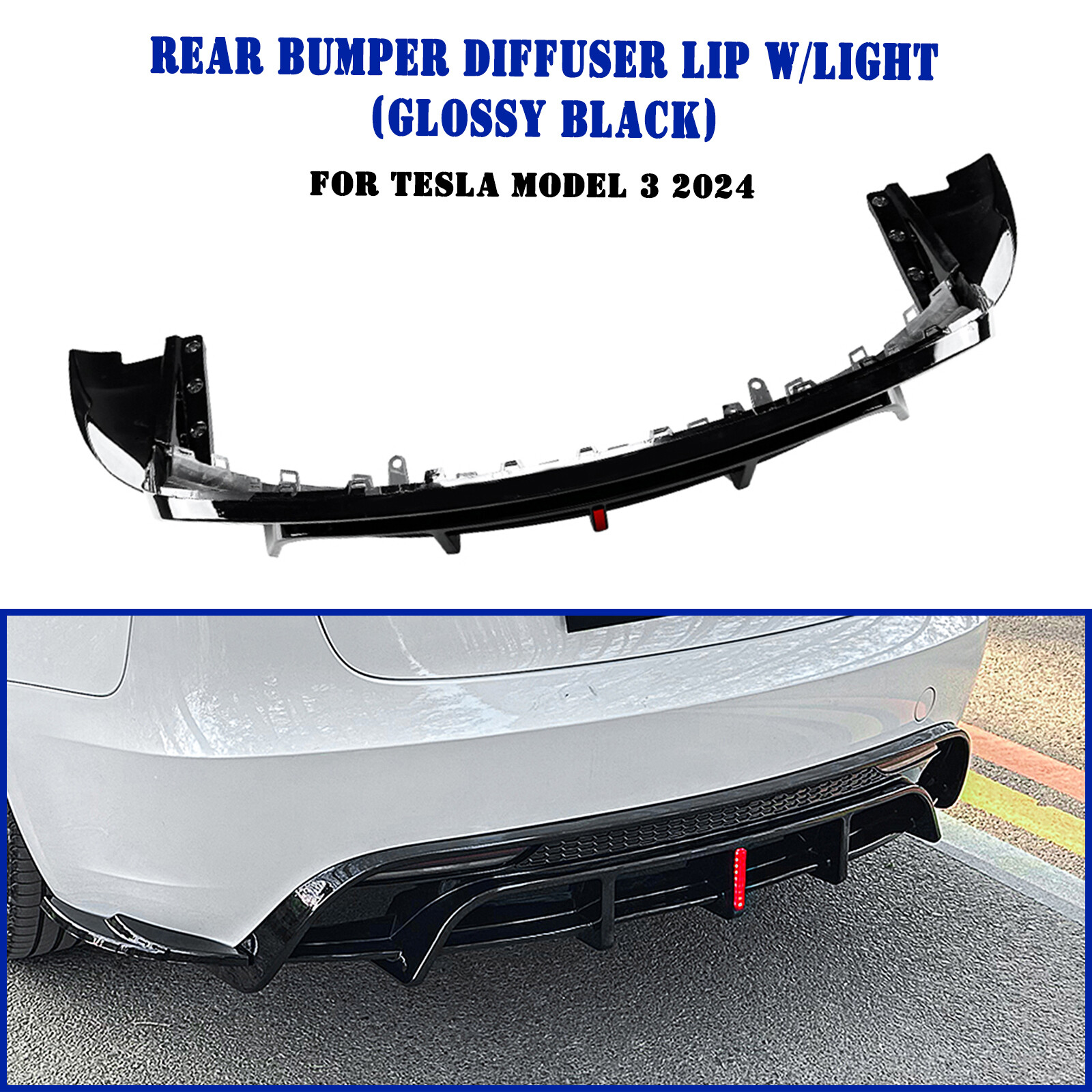 Gloss Black Rear Bumper Diffuser Lip W/ Light For Tesla Model 3 24-25