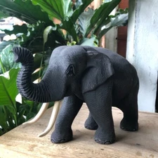 WOODEN Elephant Wood Carved Hand Made Figurine Statue Decor Sculpture Trunk Up
