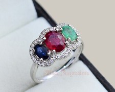 Natural Ruby Emerald Sapphire Gemstone 925 Sterling Silver Engagement Ring