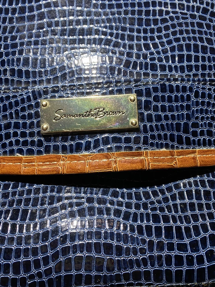 Vintage Samantha Brown Hanging Toiletry Bag Blue Brown Yellow Embossed Croc - Image 2 of 4