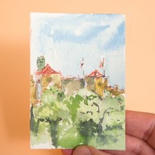 ACEO watercolor original from Lisbon Graça panoramic view with castle Dr S.Jorge