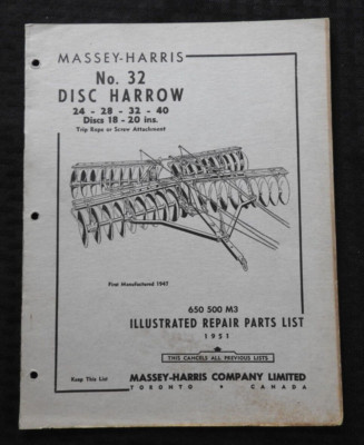 1947-1951 MASSEY HARRIS No. 32 Disc Harrows Parts Katalog Manuell