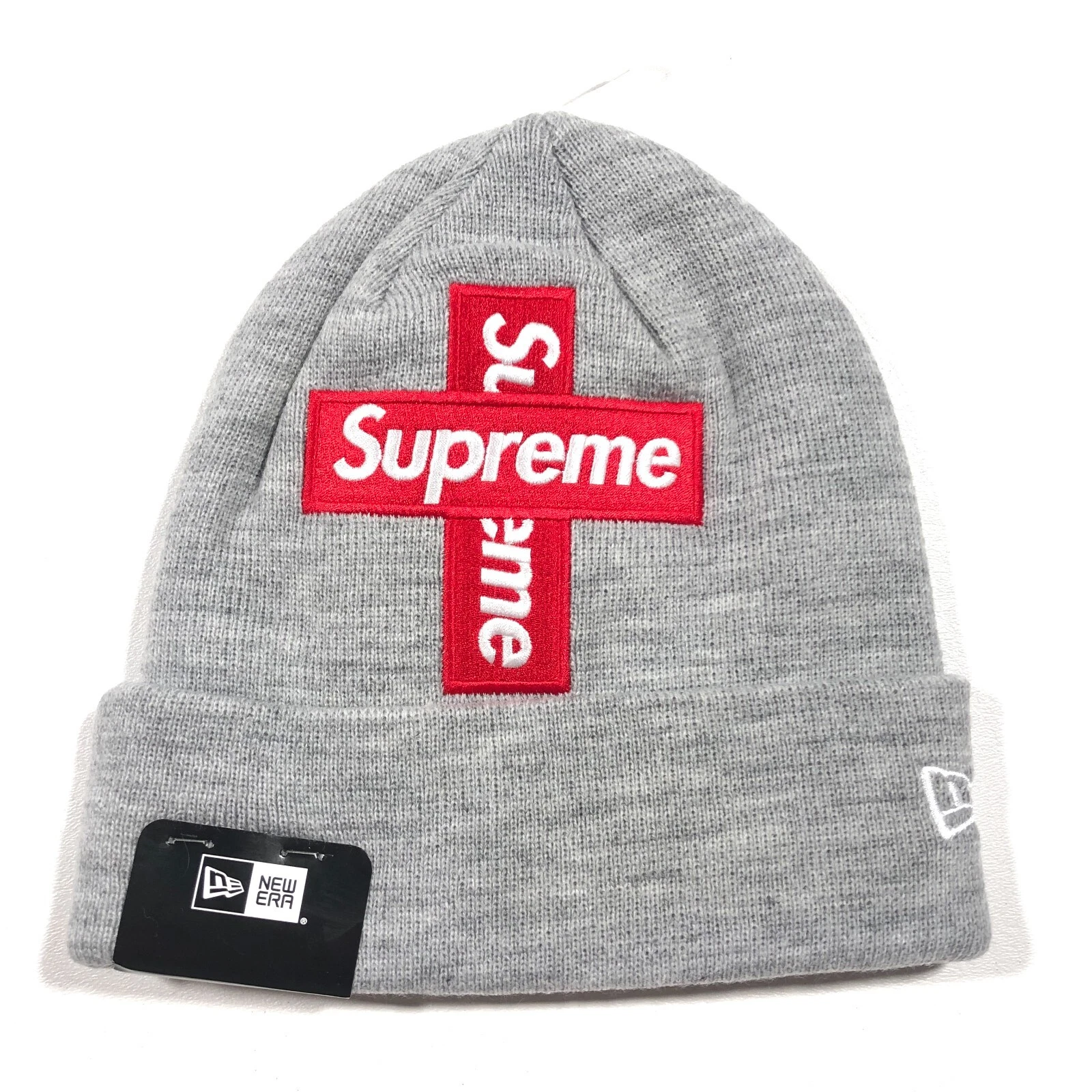 Bonnet neuf FW20 Supreme New Era Cross Box logo gris bruyère streetwear rare